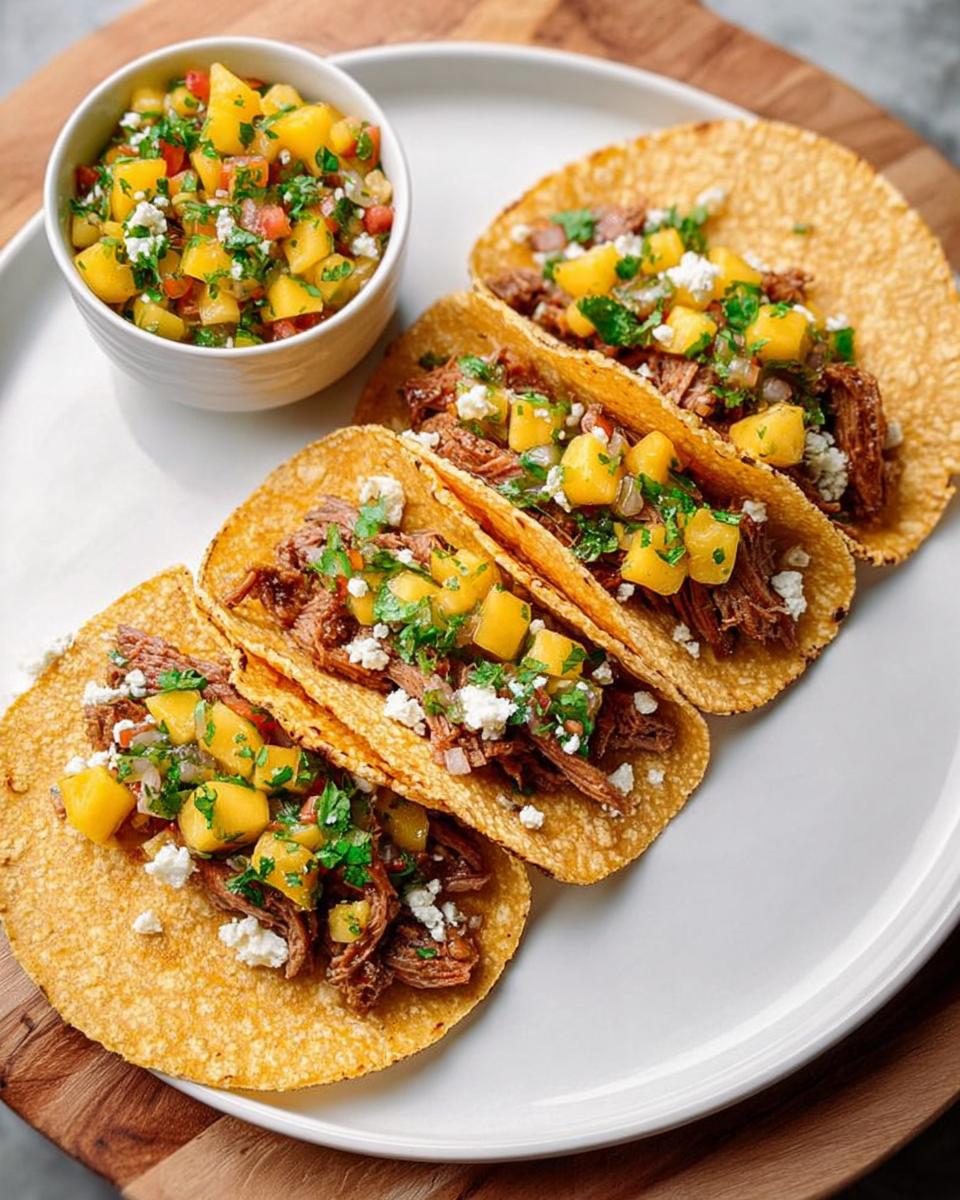 Three delicious tacos filled with shredded meat, topped with mango salsa and crumbled cheese, part of our 12-Ingredient Taco Tuesday Recipes.