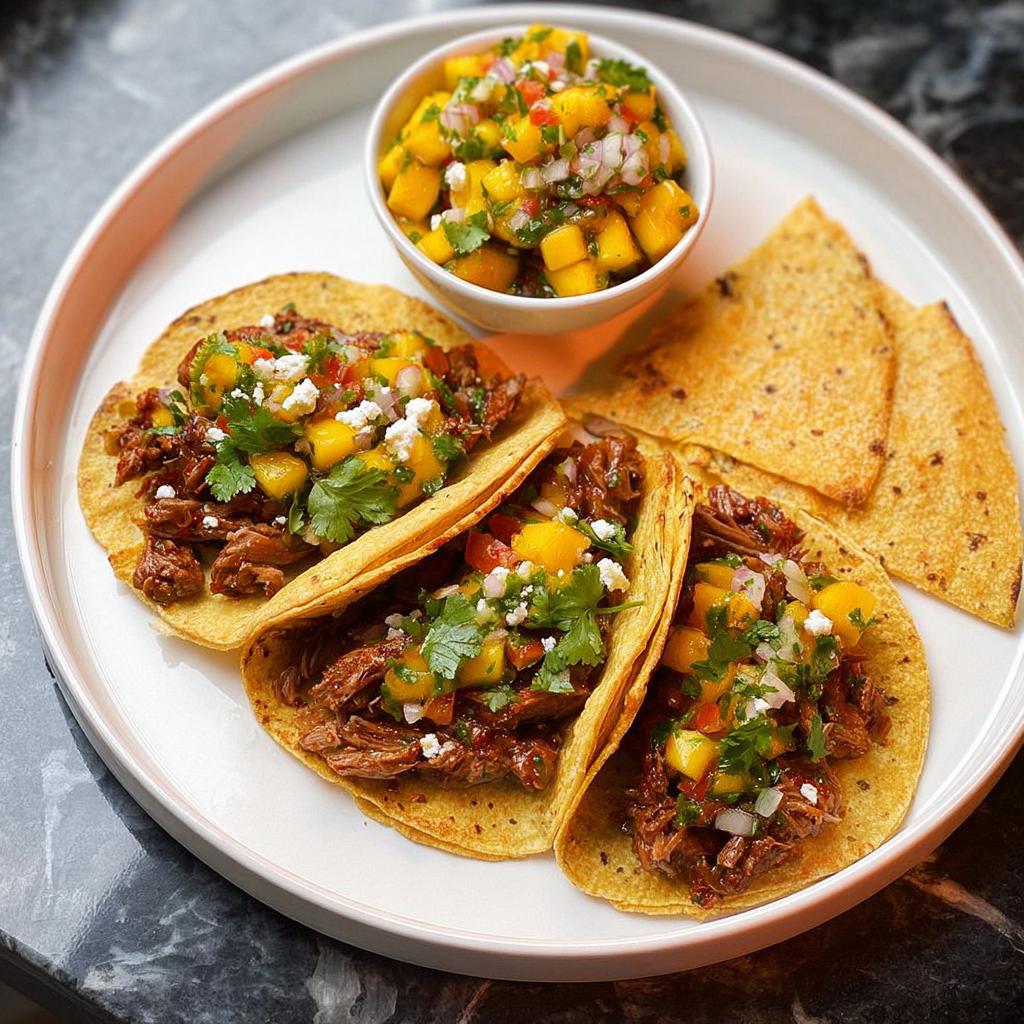 Three mouthwatering tacos filled with shredded meat, mango salsa, and crumbled cheese, perfect for 12-Ingredient Taco Tuesday Recipes.