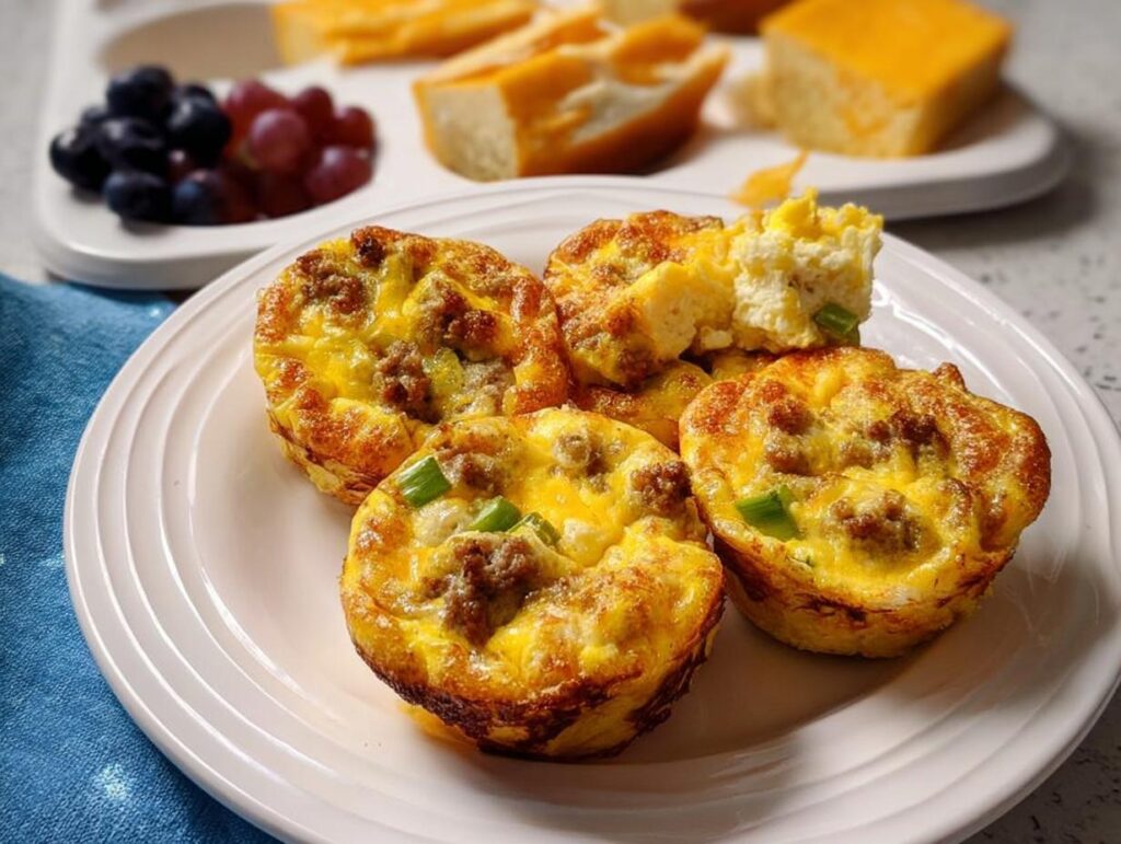 Close-up of four sausage and egg muffins, a perfect addition to 20-Ingredient Breakfast Ideas Recipes.