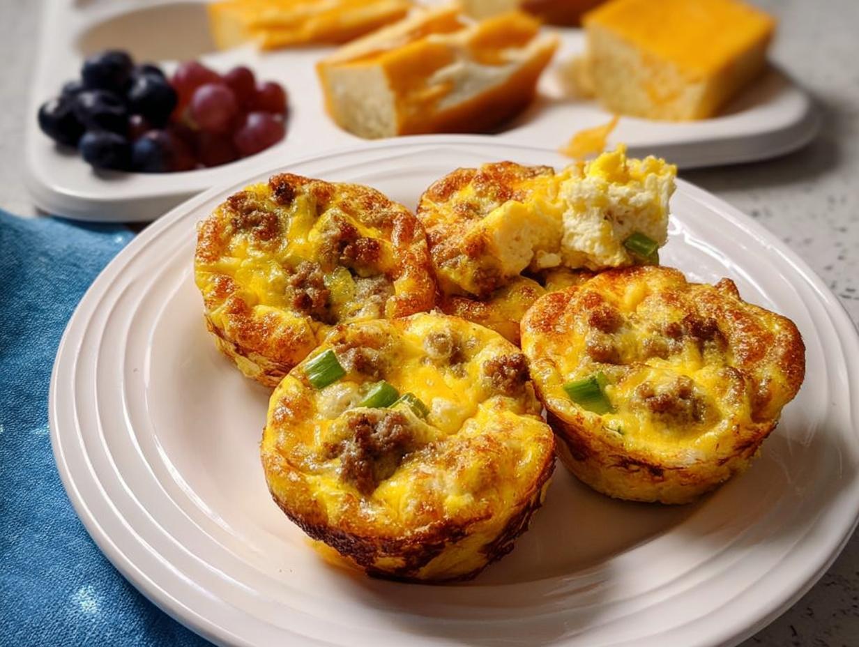 Close-up of four sausage and egg muffins, a perfect addition to 20-Ingredient Breakfast Ideas Recipes.