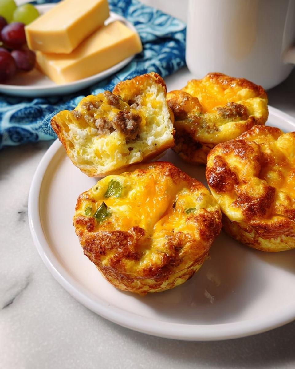 Close-up of savory sausage and egg muffins topped with melted cheddar cheese, part of 20-Ingredient Breakfast Ideas Recipes.
