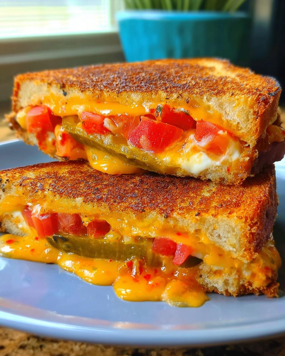 A close-up of a decadent grilled cheese sandwich, cut in half, revealing melted cheese, chopped tomatoes, and pickles.