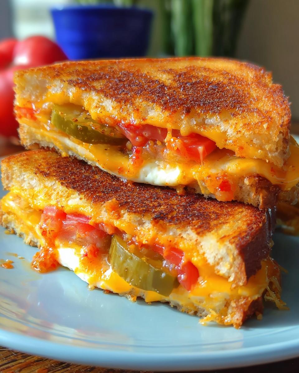 A close-up of a perfectly grilled cheese sandwich, sliced in half, revealing melted cheese, juicy tomatoes, and pickles.