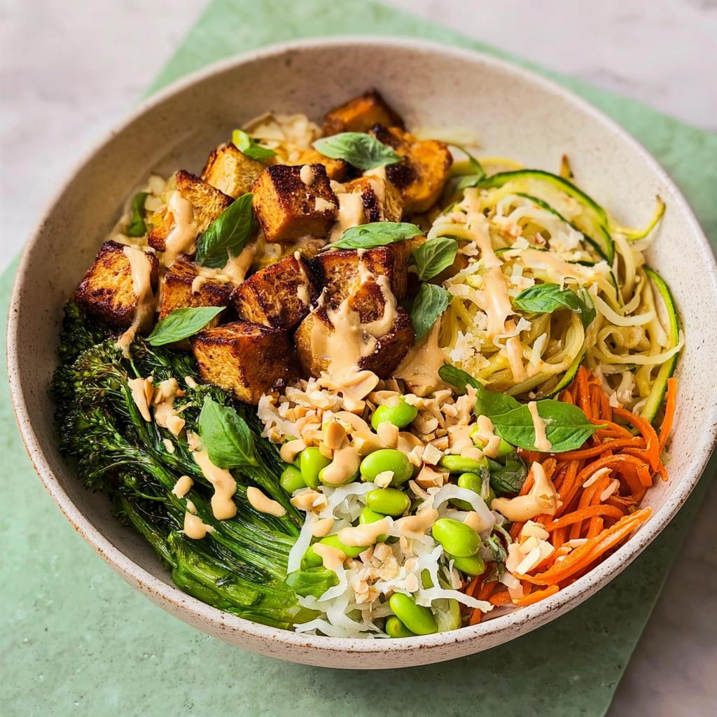 A vibrant 20-ingredient rice bowl featuring crispy tofu, edamame, broccoli, shredded carrots, and zucchini noodles with a creamy dressing.