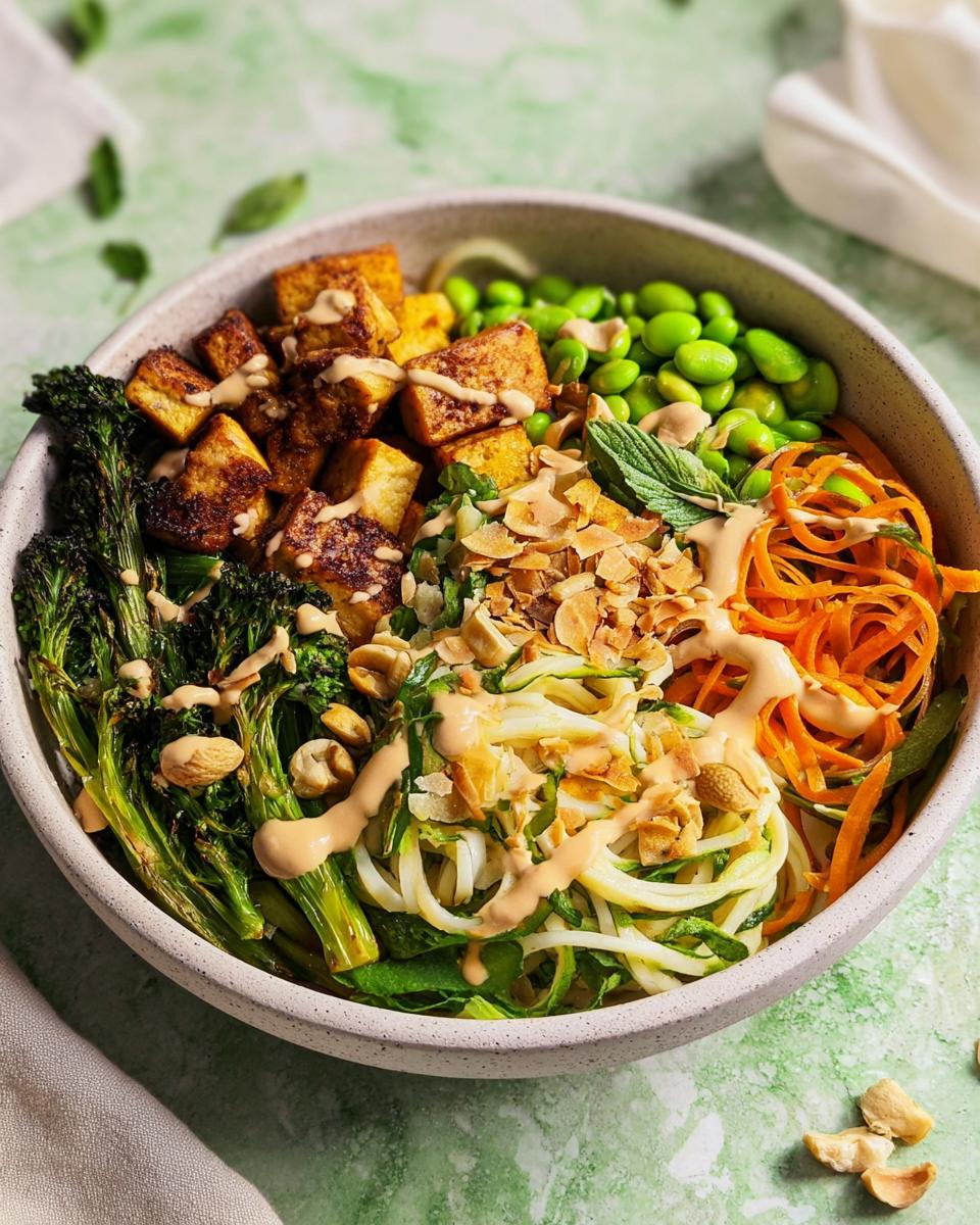 A vibrant and healthy 20-ingredient rice bowl with tofu, edamame, broccolini, spiralized carrots, and noodles, drizzled with sauce.