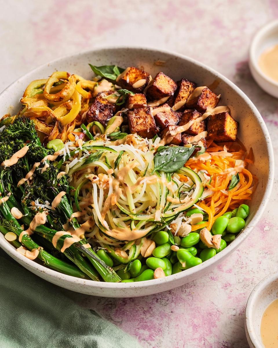 A vibrant and healthy 20-Ingredient Rice Bowl filled with grilled tofu, zucchini noodles, edamame, carrots, and broccoli.