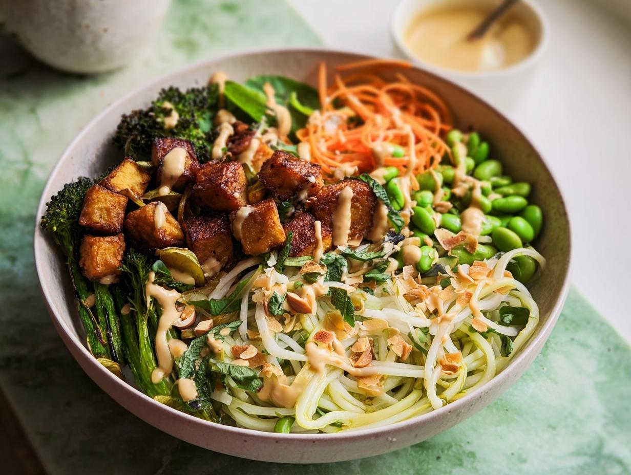A vibrant bowl of 20-Ingredient Rice Bowl recipe featuring crispy tofu, broccoli, edamame, shredded carrots, and noodles, drizzled with sauce.