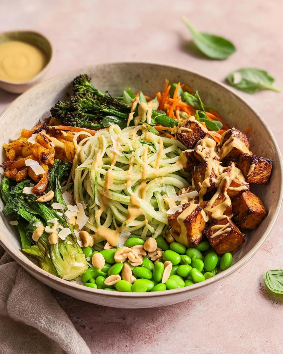 A vibrant bowl of 20-Ingredient Rice Bowls Recipe featuring zucchini noodles, edamame, roasted tofu, and mixed vegetables with a creamy dressing.