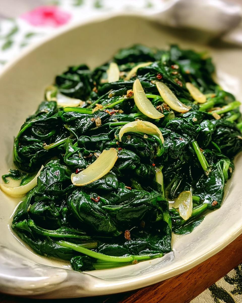 Close-up of sauteed spinach with garlic slices and chili flakes, part of 20-Ingredient Veggie Sides Recipes.