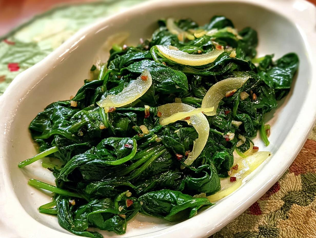 Close-up of a white dish filled with vibrant, wilted spinach, garnished with thinly sliced onions and red pepper flakes.