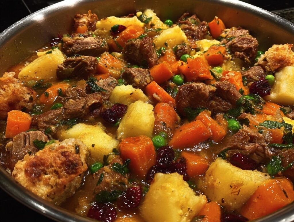 Close-up of a hearty beef stew with chunks of beef, potatoes, carrots, peas, cranberries, and croutons in a pot.