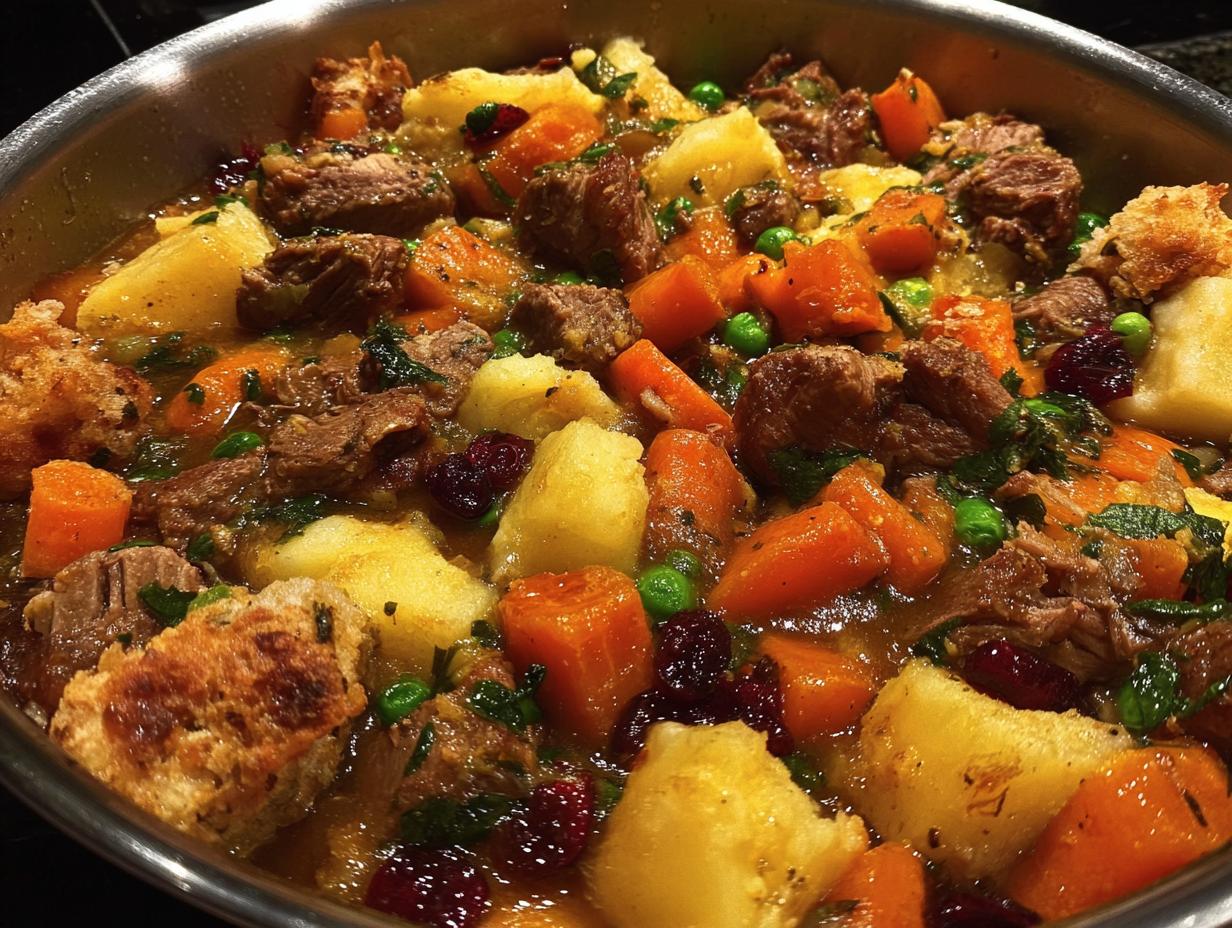 Close-up of a hearty beef stew with chunks of beef, potatoes, carrots, peas, cranberries, and croutons in a pot.