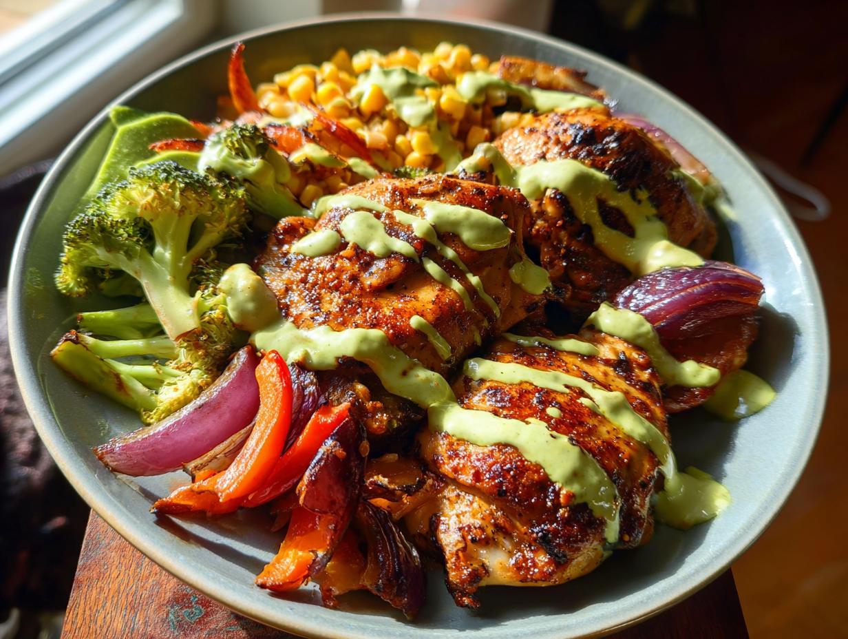 A colorful bowl featuring grilled chicken thighs, roasted broccoli, red onion, bell peppers, and corn, drizzled with a creamy green sauce. This is one of our best chicken recipes in 20 minutes.