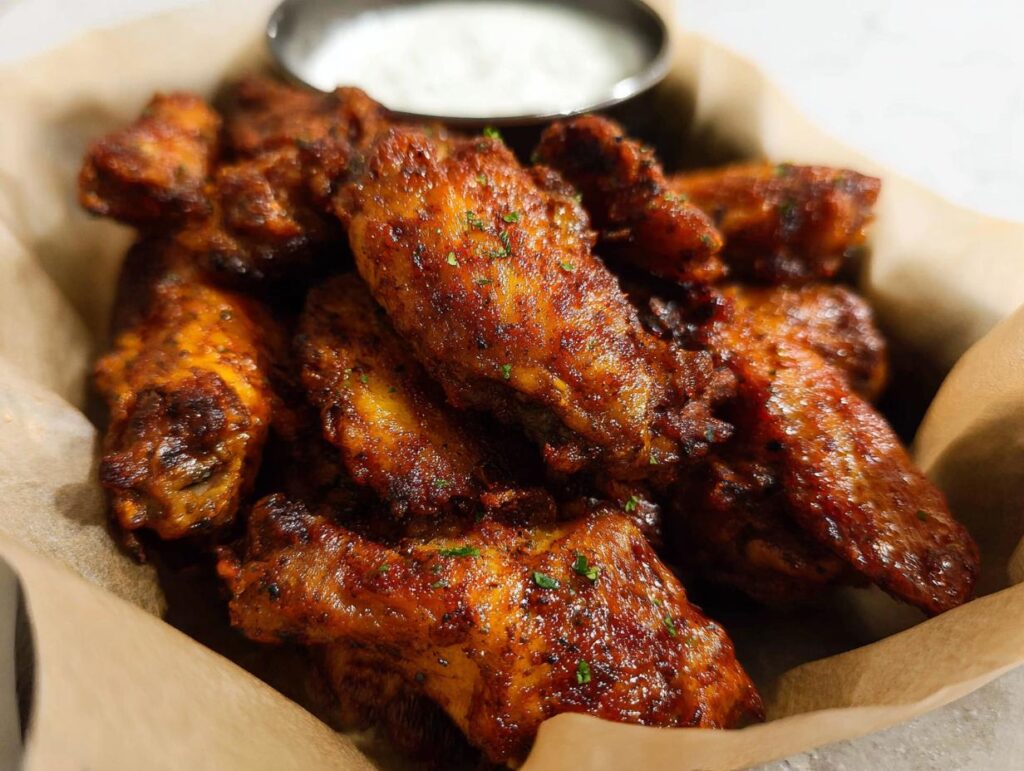 A basket of crispy, seasoned chicken wings, perfect for a quick 20 minute chicken wings recipe.