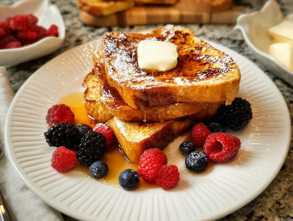 Stack of golden brown French toast topped with powdered sugar, butter, and syrup, garnished with fresh berries.