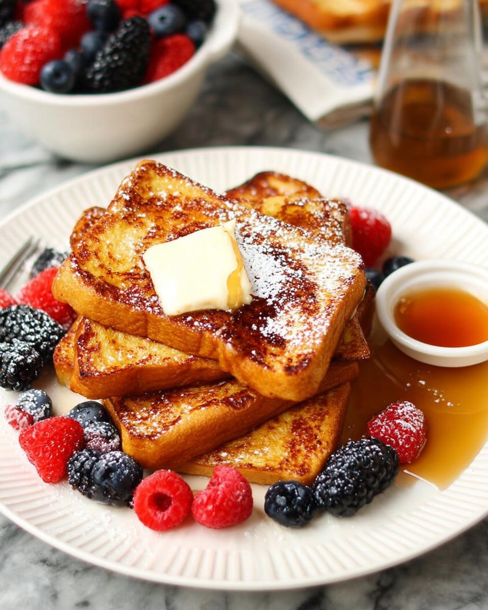 Stack of golden brown French toast slices topped with butter and powdered sugar, served with berries and maple syrup.