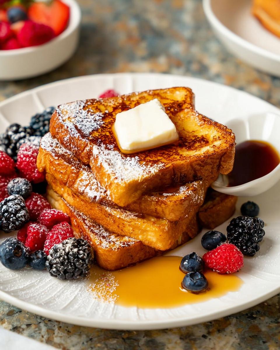 A stack of golden-brown French toast slices topped with butter and powdered sugar, served with fresh berries and syrup. A quick breakfast idea.