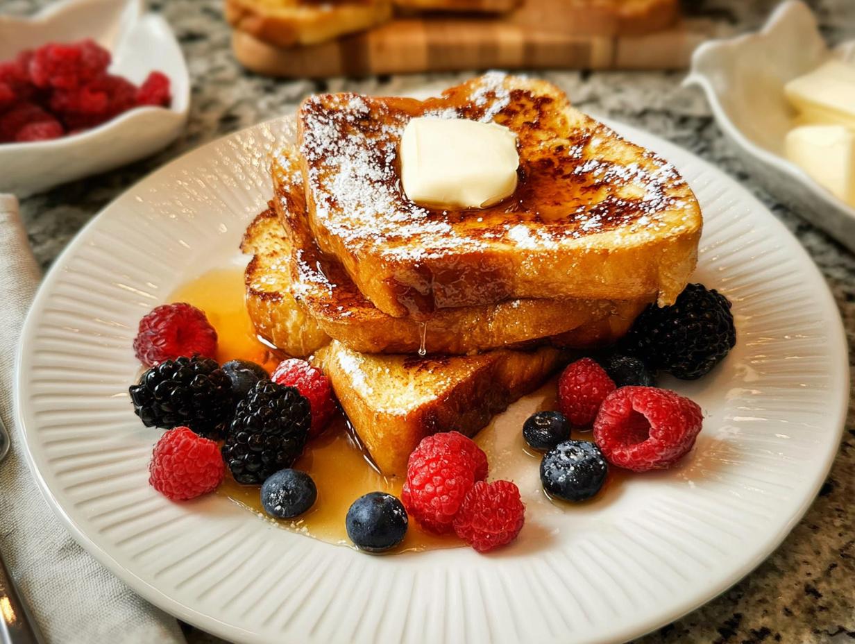 Stack of golden brown French toast topped with powdered sugar, butter, and syrup, garnished with fresh berries.