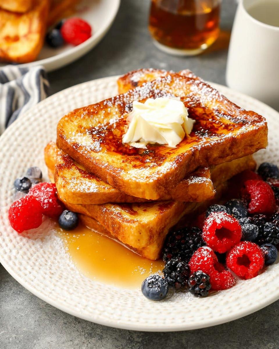 Stack of golden brown French toast topped with butter and powdered sugar, served with berries and syrup. A quick breakfast idea.