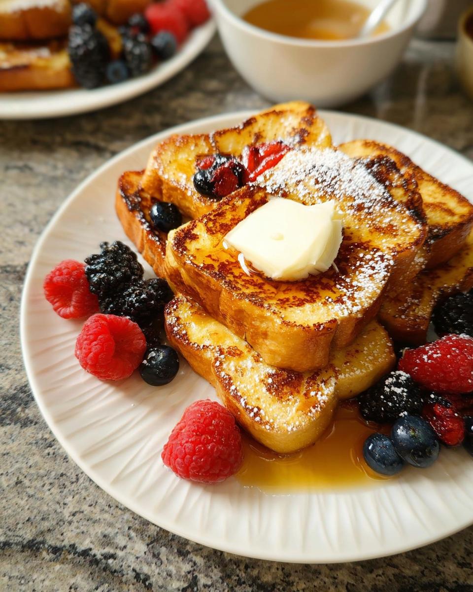 A plate of golden-brown French toast topped with butter, powdered sugar, and fresh berries. A quick breakfast idea.