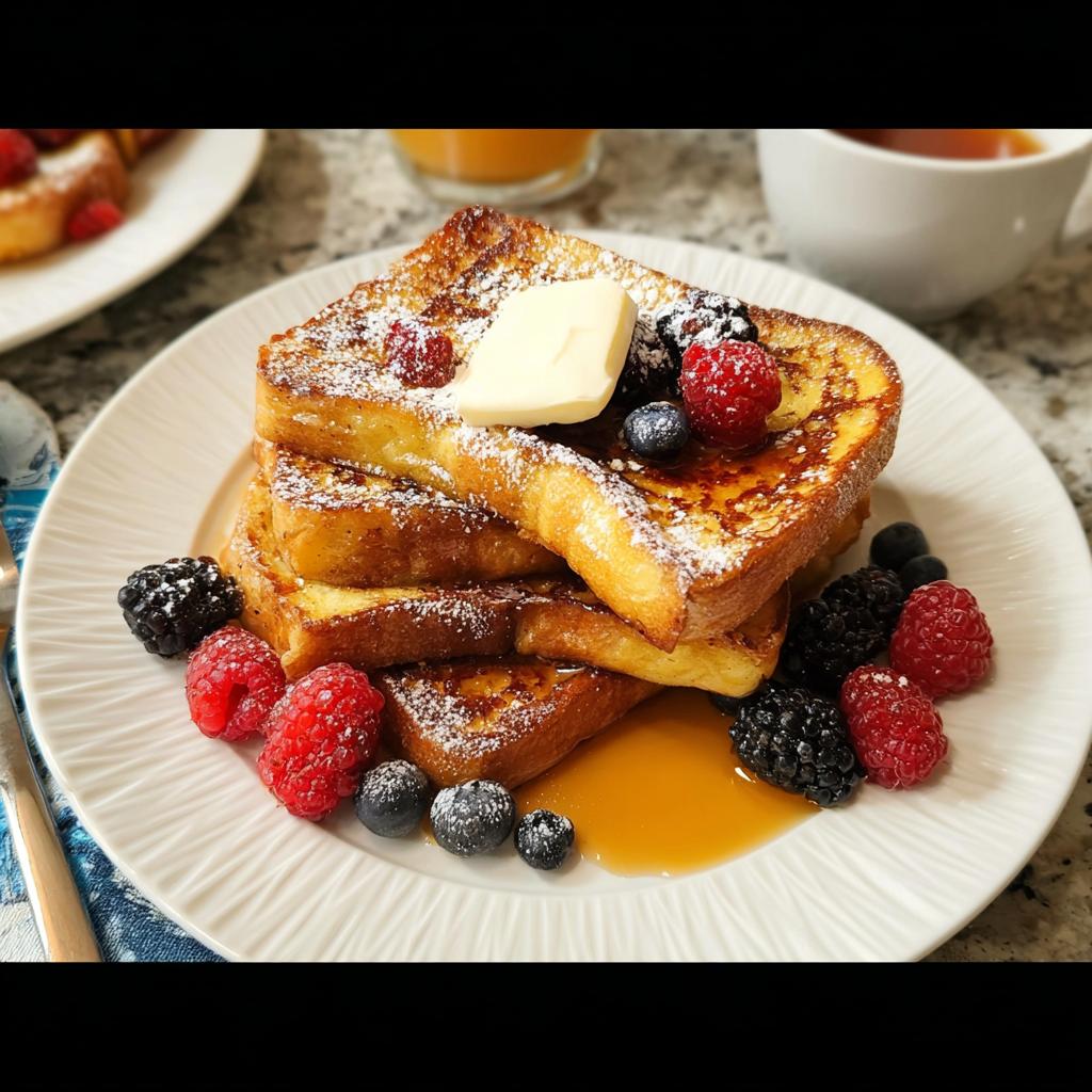 Stack of golden brown French toast topped with butter, powdered sugar, and fresh berries. Perfect for quick breakfast ideas.