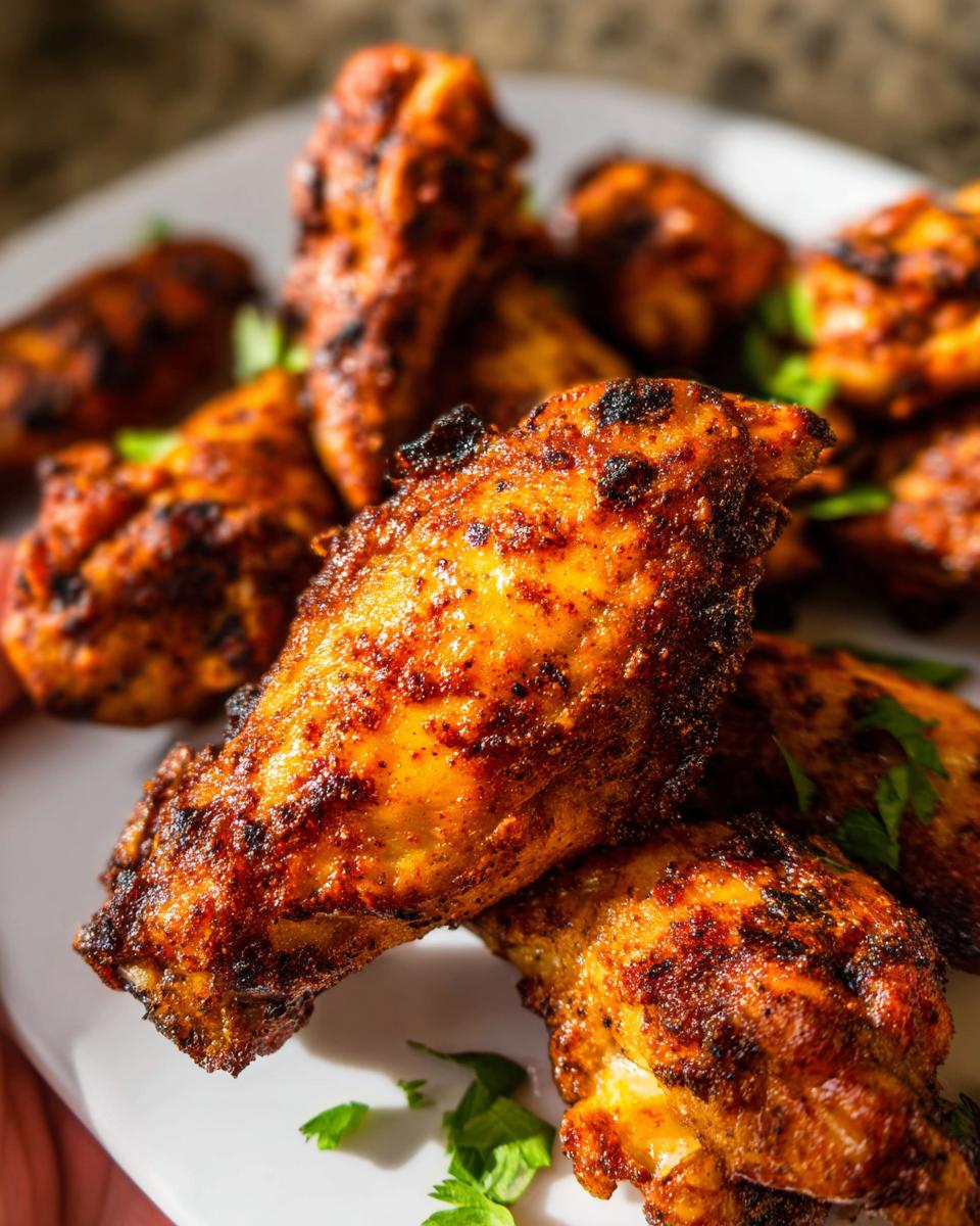 Close-up of crispy, seasoned chicken wings from the 25-Ingredient Chicken Wings Recipes collection, garnished with parsley.