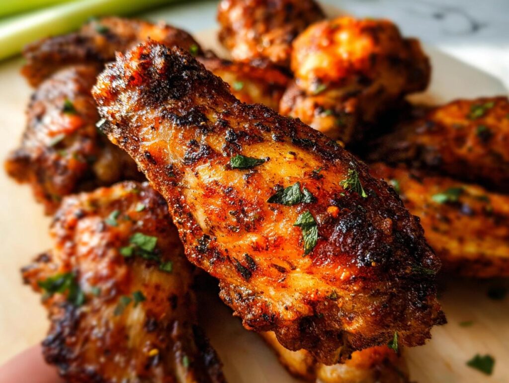 Close-up of crispy, seasoned 25-ingredient chicken wings, garnished with fresh parsley.