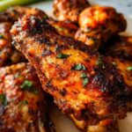 Close-up of crispy, seasoned 25-ingredient chicken wings, garnished with fresh parsley.