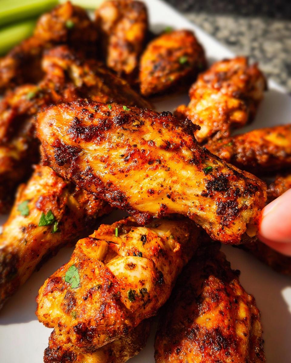 A close-up shot of perfectly seasoned 25-ingredient chicken wings, ready to be enjoyed.