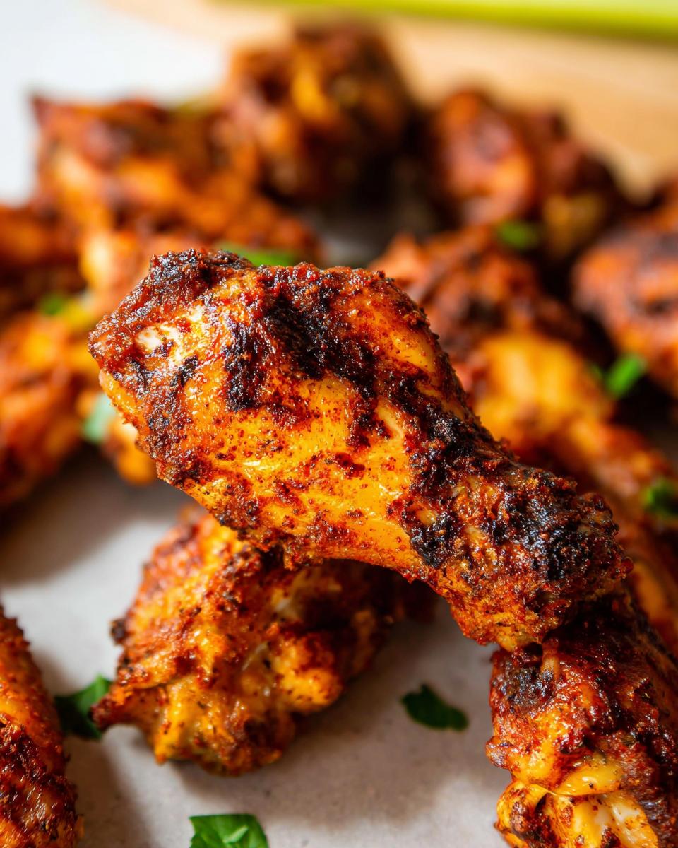 Close-up of perfectly seasoned and baked 25-ingredient chicken wings, garnished with fresh herbs.