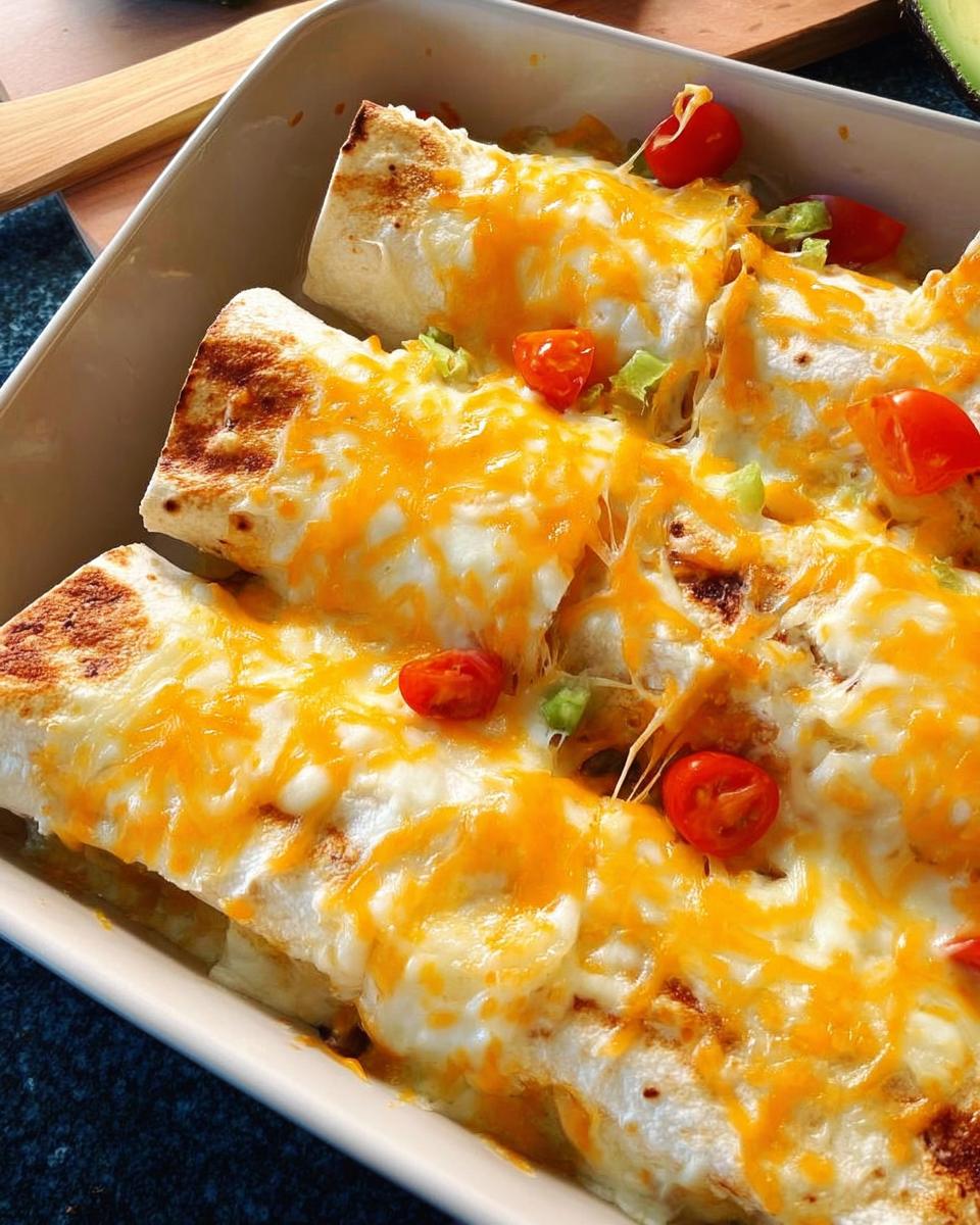 Close-up of baked enchiladas covered in melted cheese and topped with cherry tomatoes, part of 25-Ingredient Healthy Meals Recipes.
