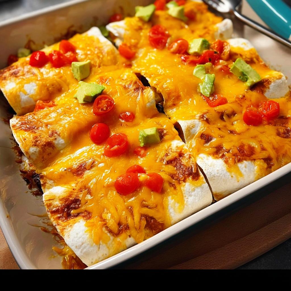A baking dish filled with cheesy enchiladas topped with diced avocado and cherry tomatoes, part of 25-Ingredient Healthy Meals Recipes.