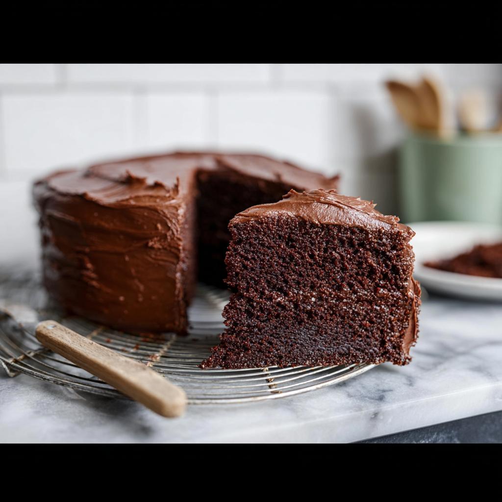 A slice of rich chocolate cake with smooth chocolate frosting, part of a whole cake, showcasing one of the 7-Ingredient Cake Ideas.