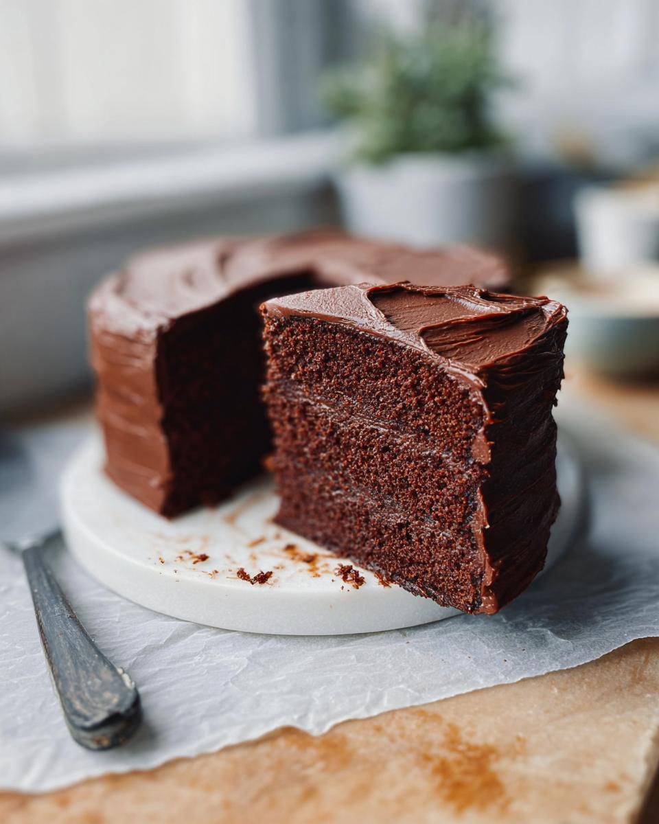 A slice of rich chocolate cake with smooth chocolate frosting, part of a 7-Ingredient Cake Ideas recipe.