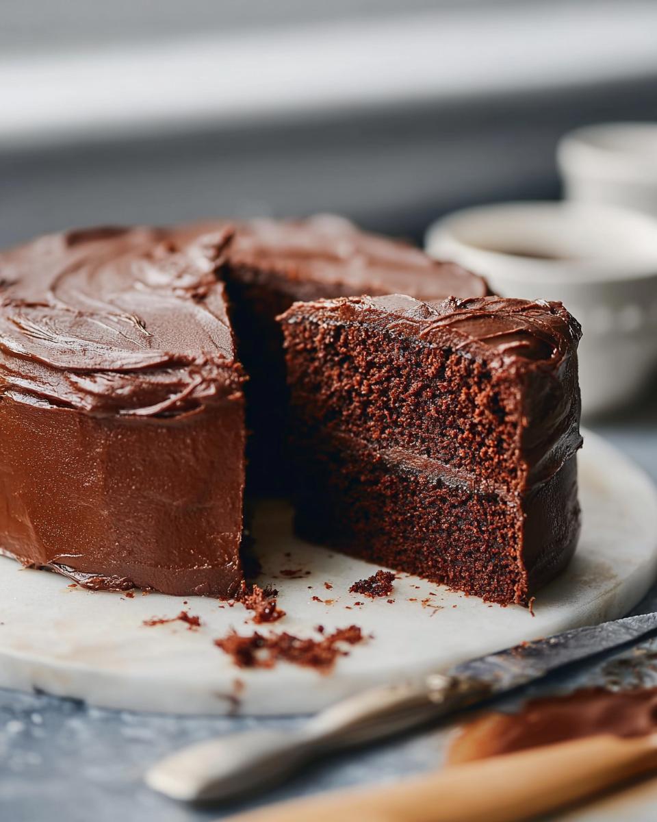 A slice of rich chocolate cake with smooth frosting, part of a whole cake from 7-Ingredient Cake Ideas Recipes.