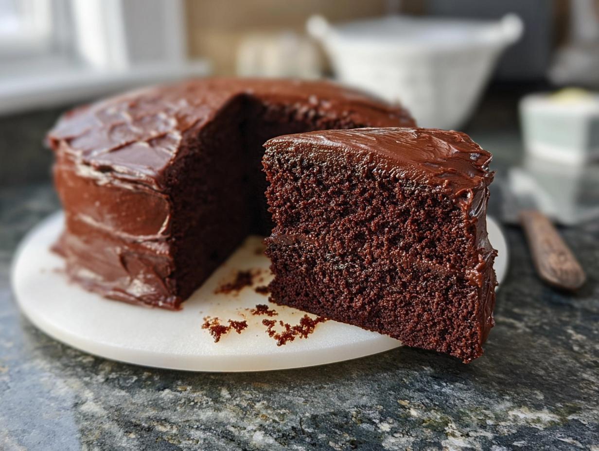 A slice of rich, moist chocolate cake with glossy chocolate frosting, part of a whole cake. A perfect example of 7-Ingredient Cake Ideas.