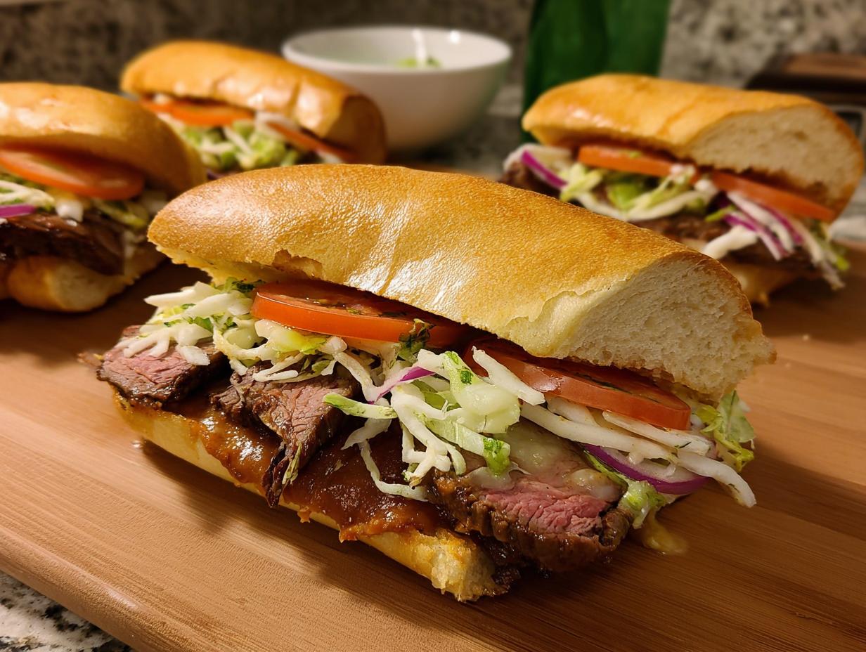 Close-up of a mouthwatering steak sandwich with lettuce, tomato, onion, and sauce on a bun.