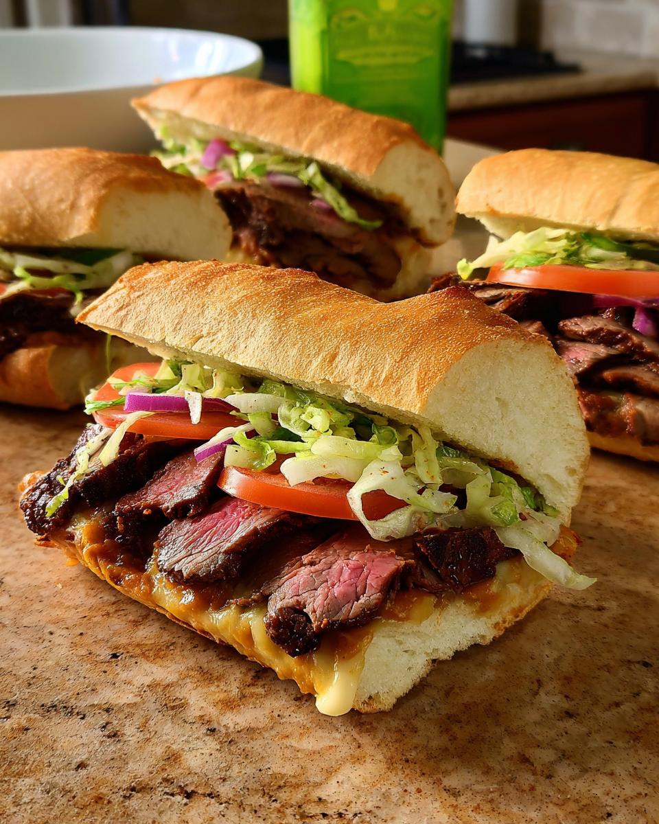 A close-up of a delicious steak sandwich, one of the 7-Ingredient Sandwich Ideas Recipes, filled with sliced steak, cheese, lettuce, tomato, and onion.