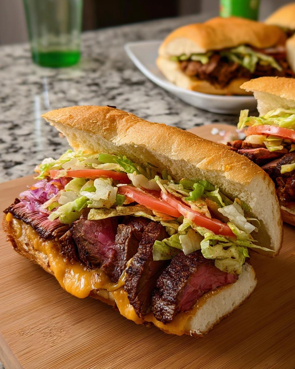 A delicious 7-ingredient steak sandwich with melted cheese, lettuce, and tomatoes on a sub roll.