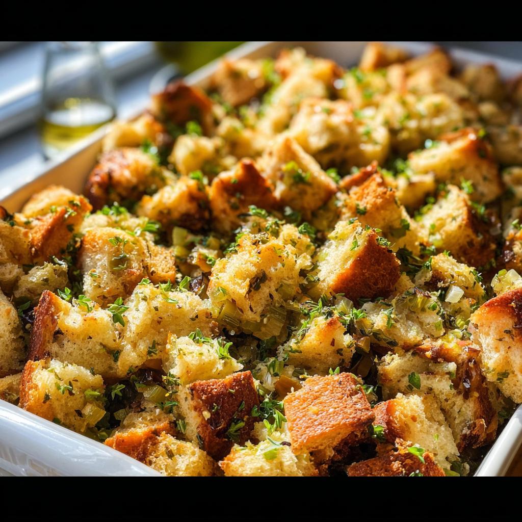 Close-up of a white baking dish filled with golden-brown 7-ingredient stuffing, topped with fresh herbs.