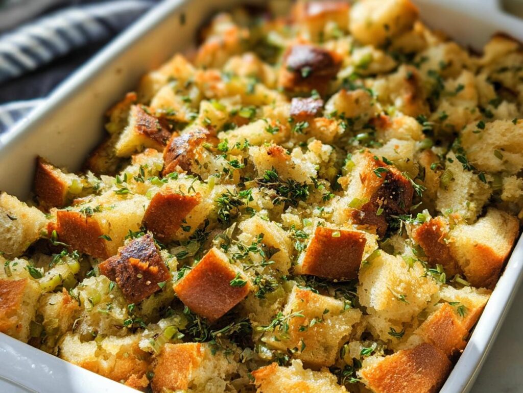 Close-up of a baking dish filled with golden-brown bread cubes, herbs, and vegetables, a delicious 7-Ingredient Stuffing Recipe.