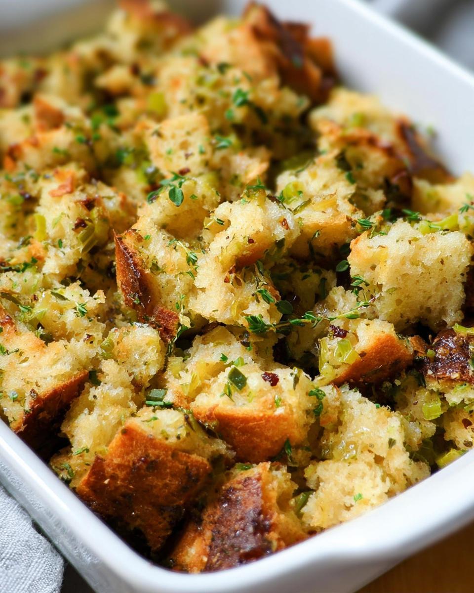Close-up of a white baking dish filled with golden-brown 7-Ingredient Stuffing, garnished with fresh herbs.