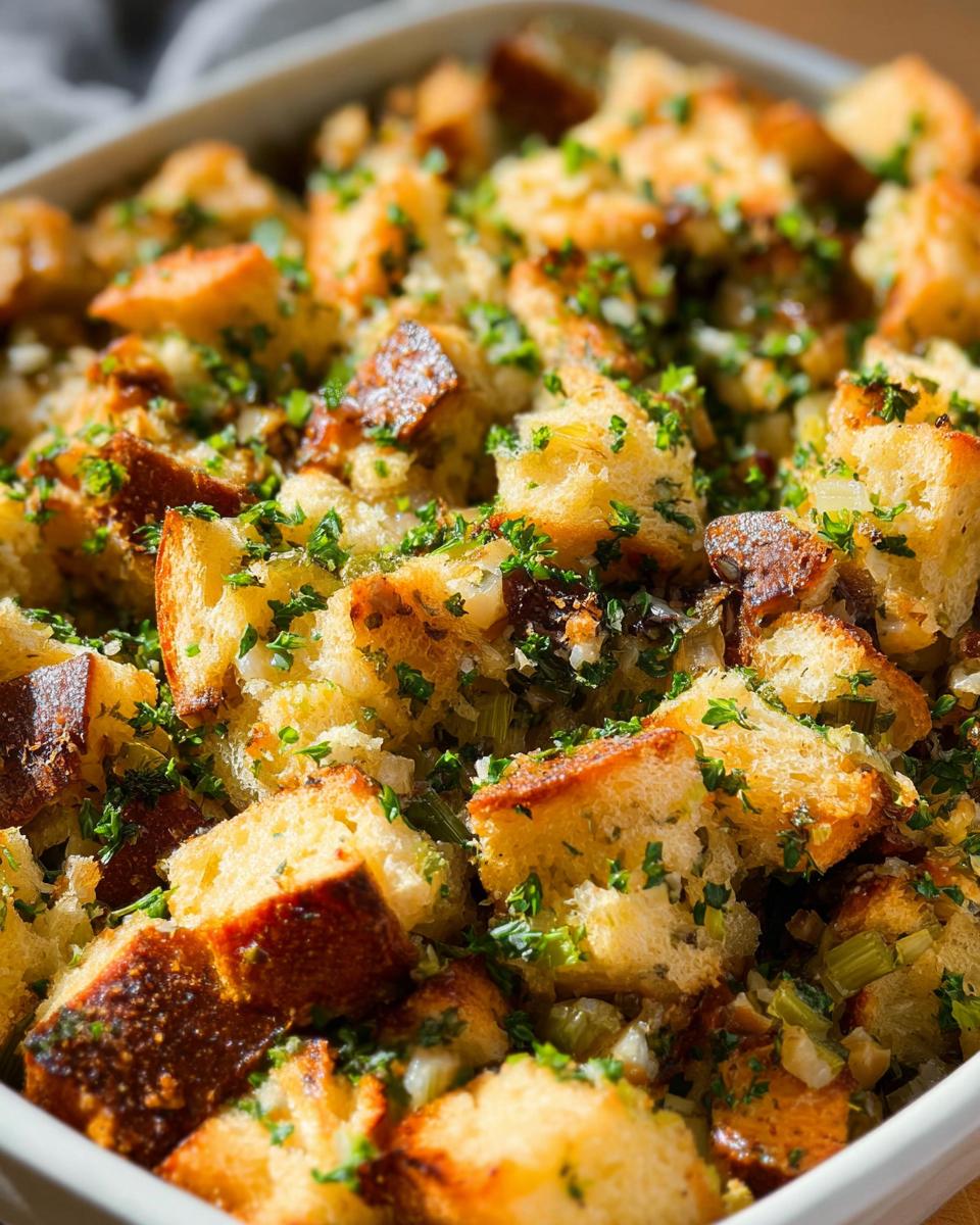 Close-up of a baked 7-ingredient stuffing recipe in a white dish, featuring toasted bread cubes, herbs, and vegetables.