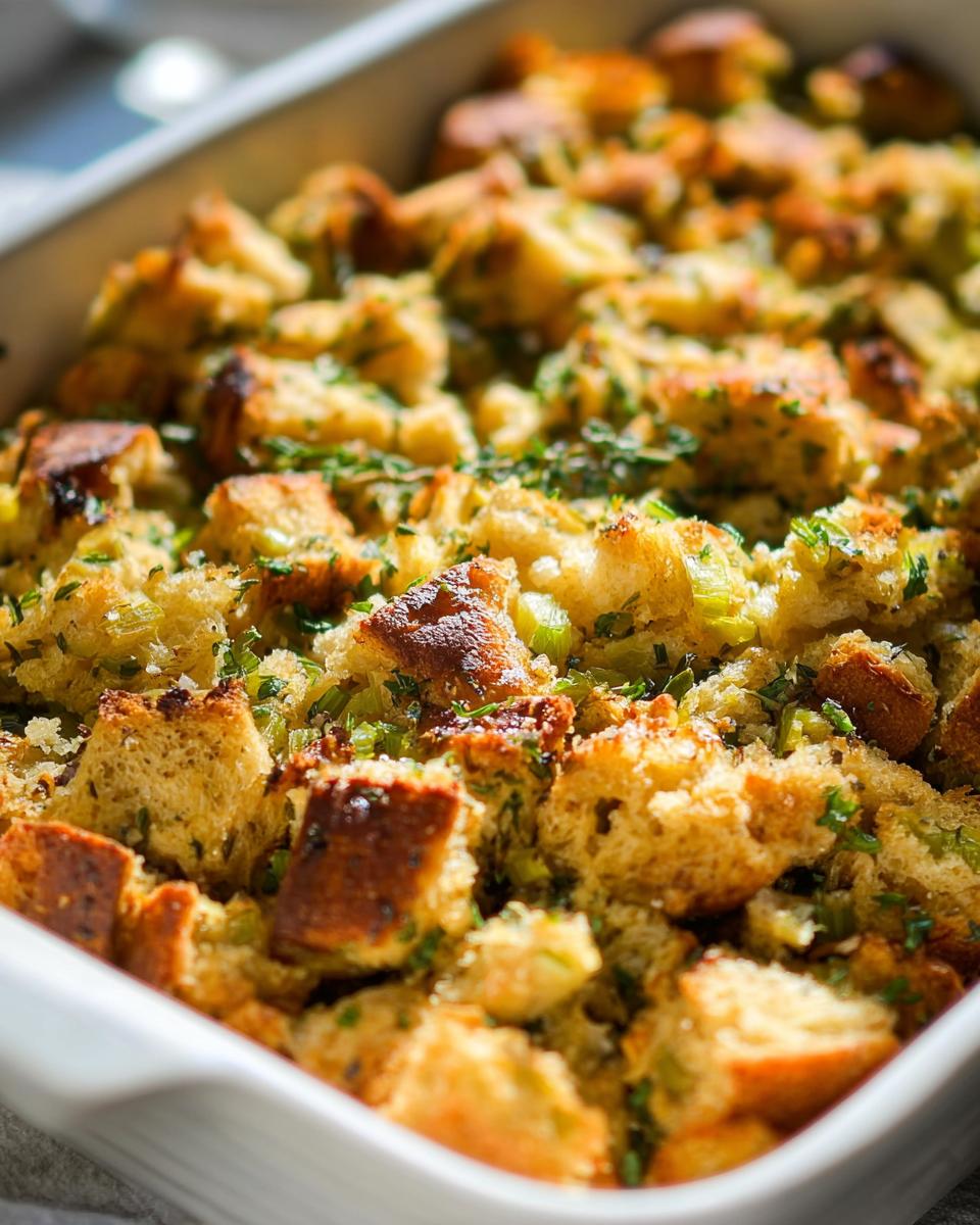 Close-up of a golden-brown, baked 7-ingredient stuffing in a white casserole dish, topped with fresh herbs.
