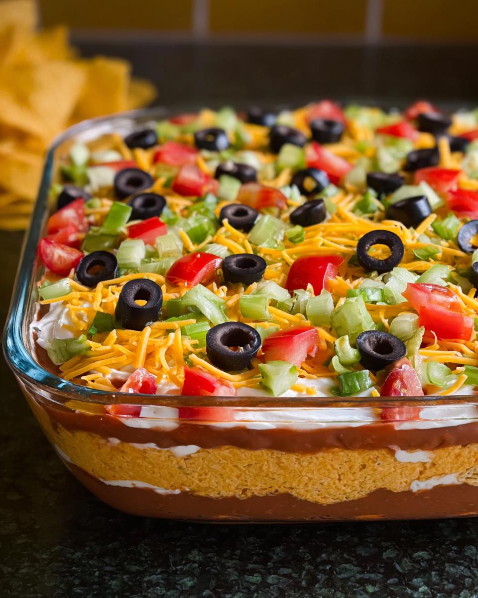 A close-up of a 7 layer taco dip, a popular Taco Tuesday recipe, topped with olives, tomatoes, and cheese.