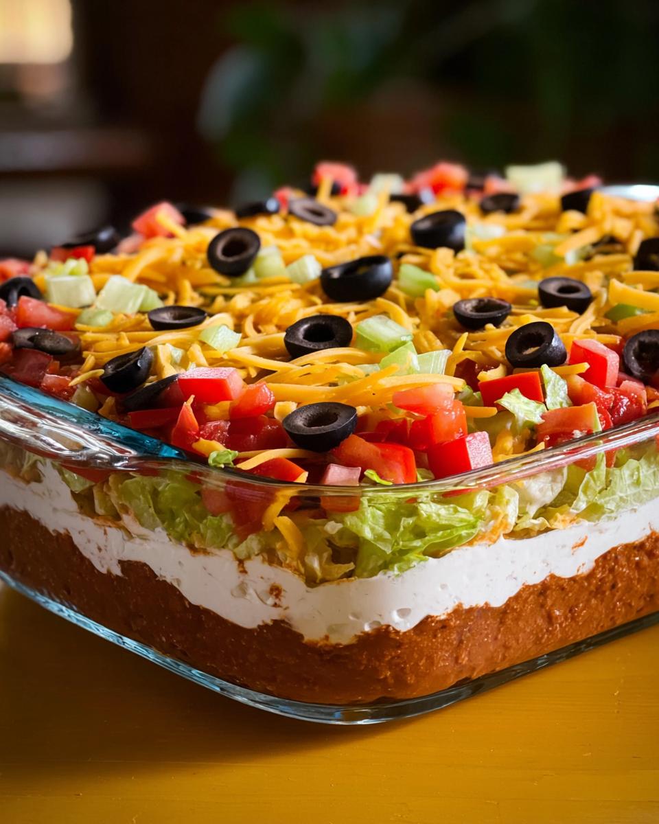 A delicious 7 layer taco dip, perfect for Taco Tuesday recipes, topped with cheese, olives, tomatoes, and celery.