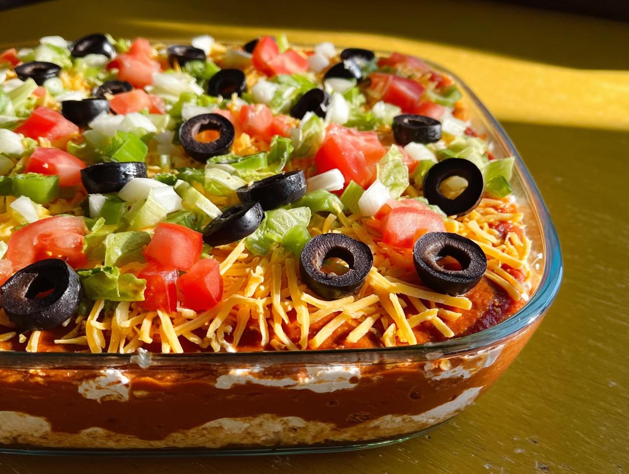 A vibrant 7 layer taco dip, perfect for Taco Tuesday recipes, topped with shredded cheese, olives, tomatoes, lettuce, and onions.