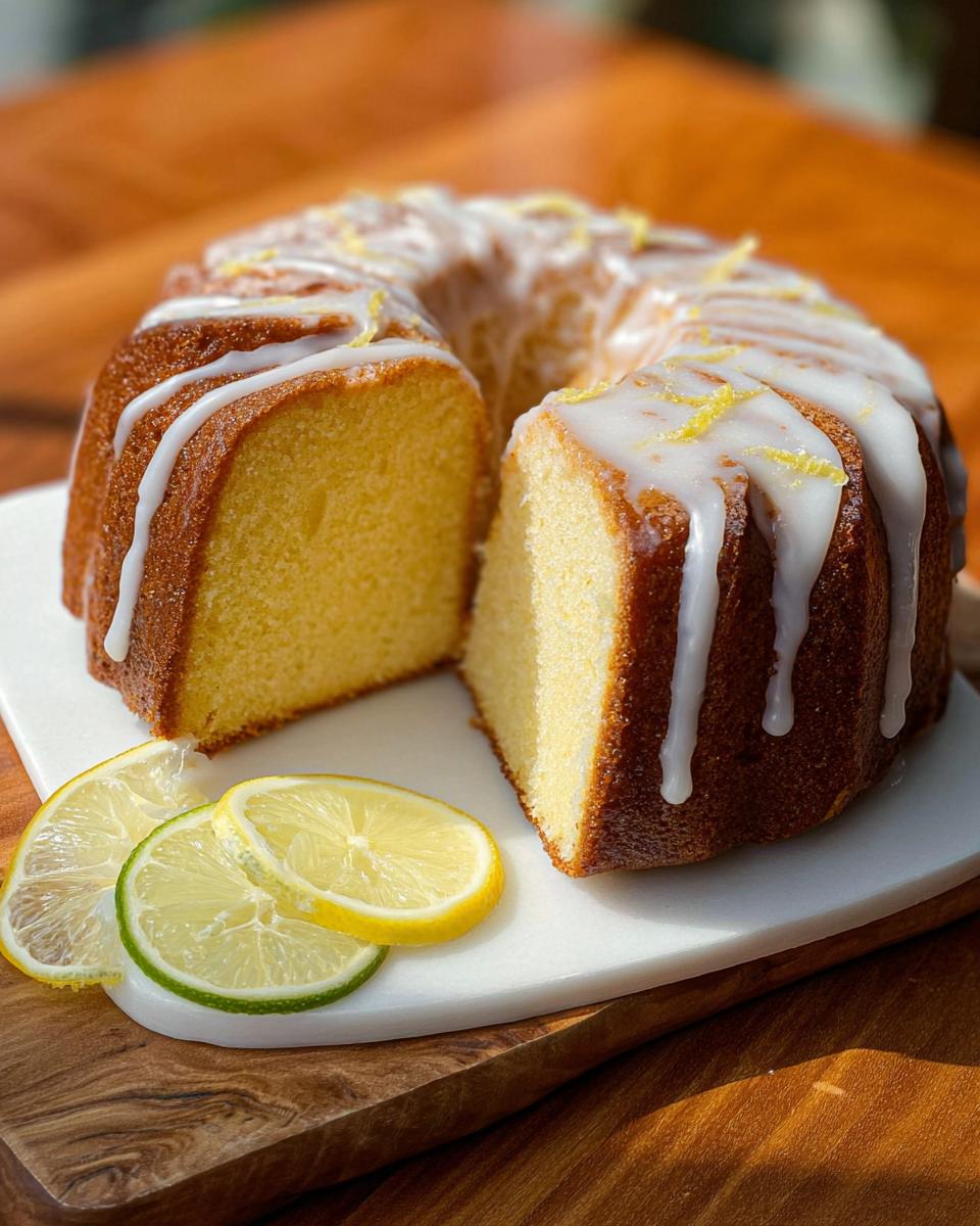 A delicious 7UP cake drizzled with icing and lemon zest, with lemon and lime slices on the side.