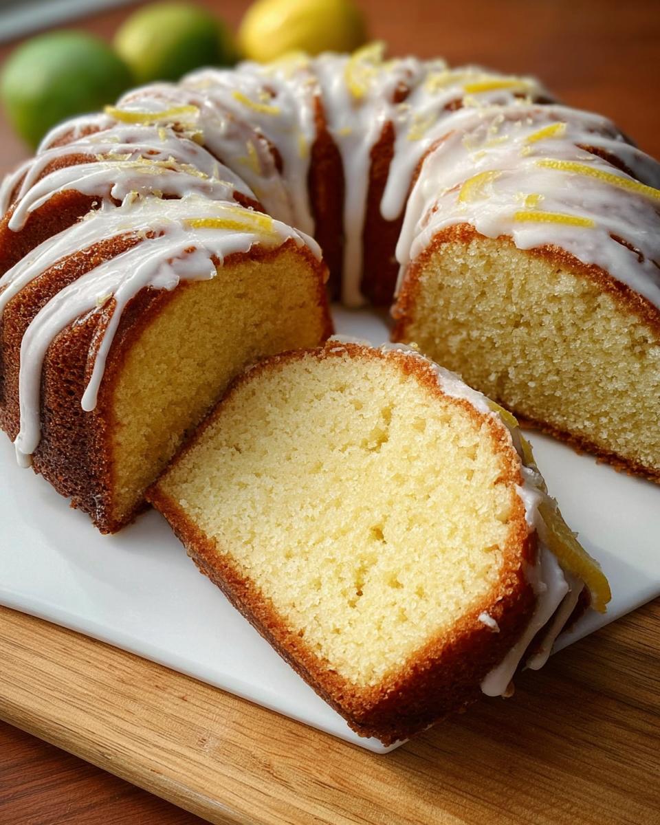 A slice of moist 7UP cake with a sweet glaze and lemon zest, perfect for cake craving ideas.