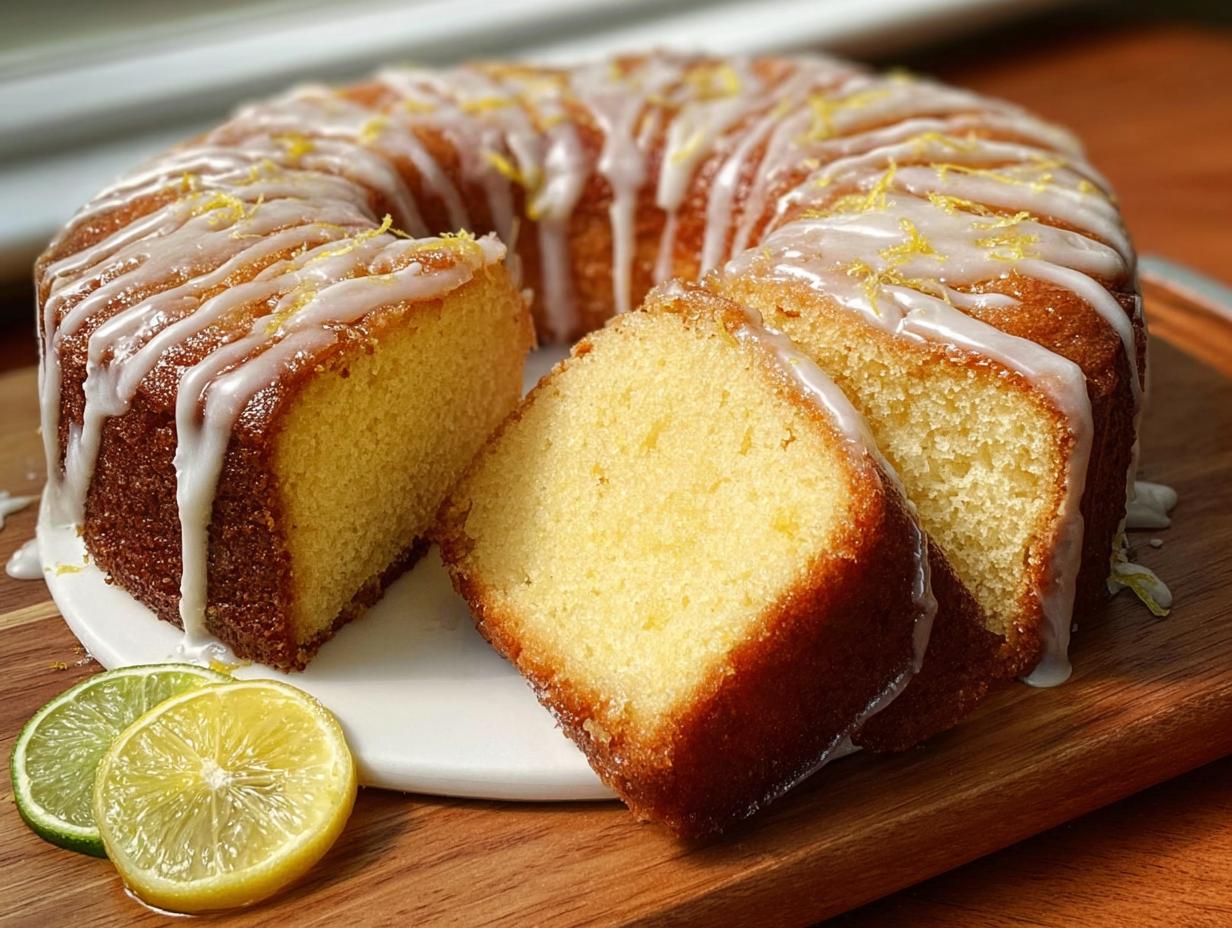 A sliced 7UP cake with a lemon glaze and zest, garnished with lemon and lime slices.